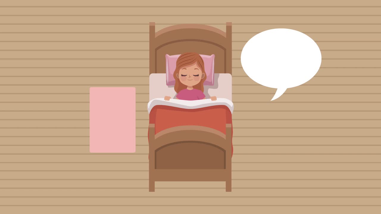 침대에서 잠을 자는 어린 소녀 애니메이션