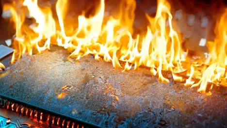 a close up of a computer motherboard on fire