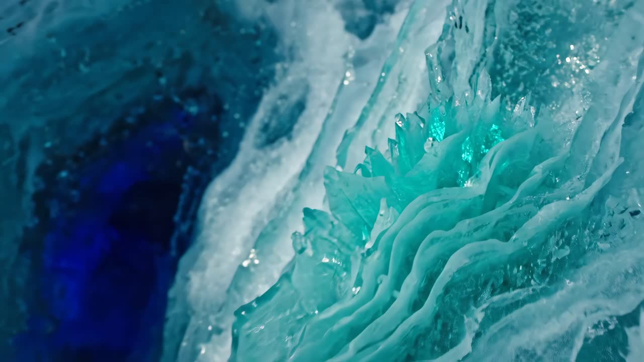 Primo piano di cristalli di ghiaccio turchesi scintillanti e profonda fessura blu