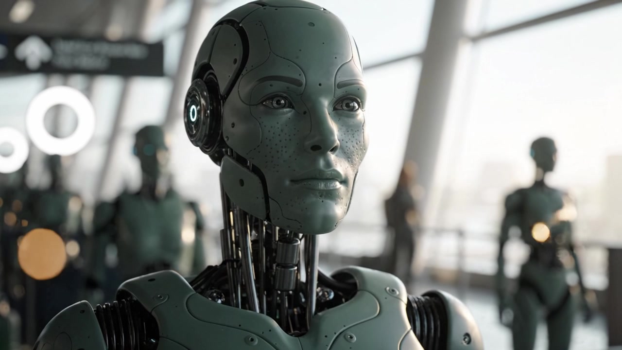 Teknolojik Olarak Gelişmiş Bir Ortamda Yakalanan, Detaylı Tasarım ve Gelişmiş Gerçekçilikle Fütüristik Bir Ortamda Gelişmiş Özellikler Sergileyen İnsansı Robotlar