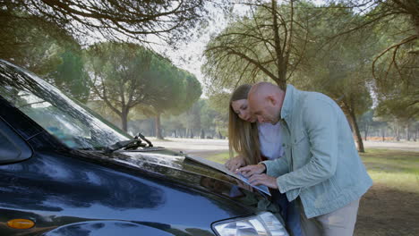 una joven pareja mirando el mapa en el parque.