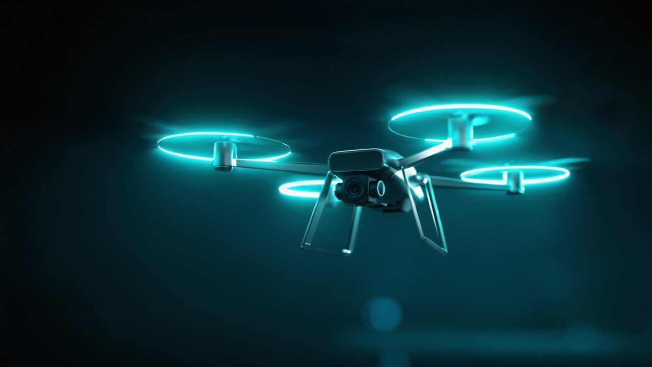 Modern surveillance drone with a camera flying in the dark, featuring spinning propellers illuminated by glowing cyan neon lights, representing advanced technology and unmanned aerial systems