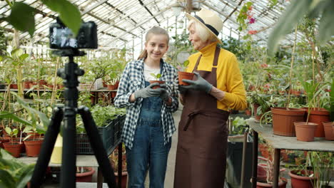 grandmother and granddaughter vlog about gardening in greenhouse