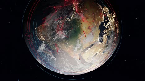 Vista-Aérea-Del-Espacio-Del-Planeta-Tierra-Girando-Con-Animación-Gráfica-Del-Fondo-De-La-Red-Web.