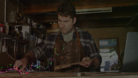 carpenter measuring wooden strip at workbench, displaying finance data chart overlays