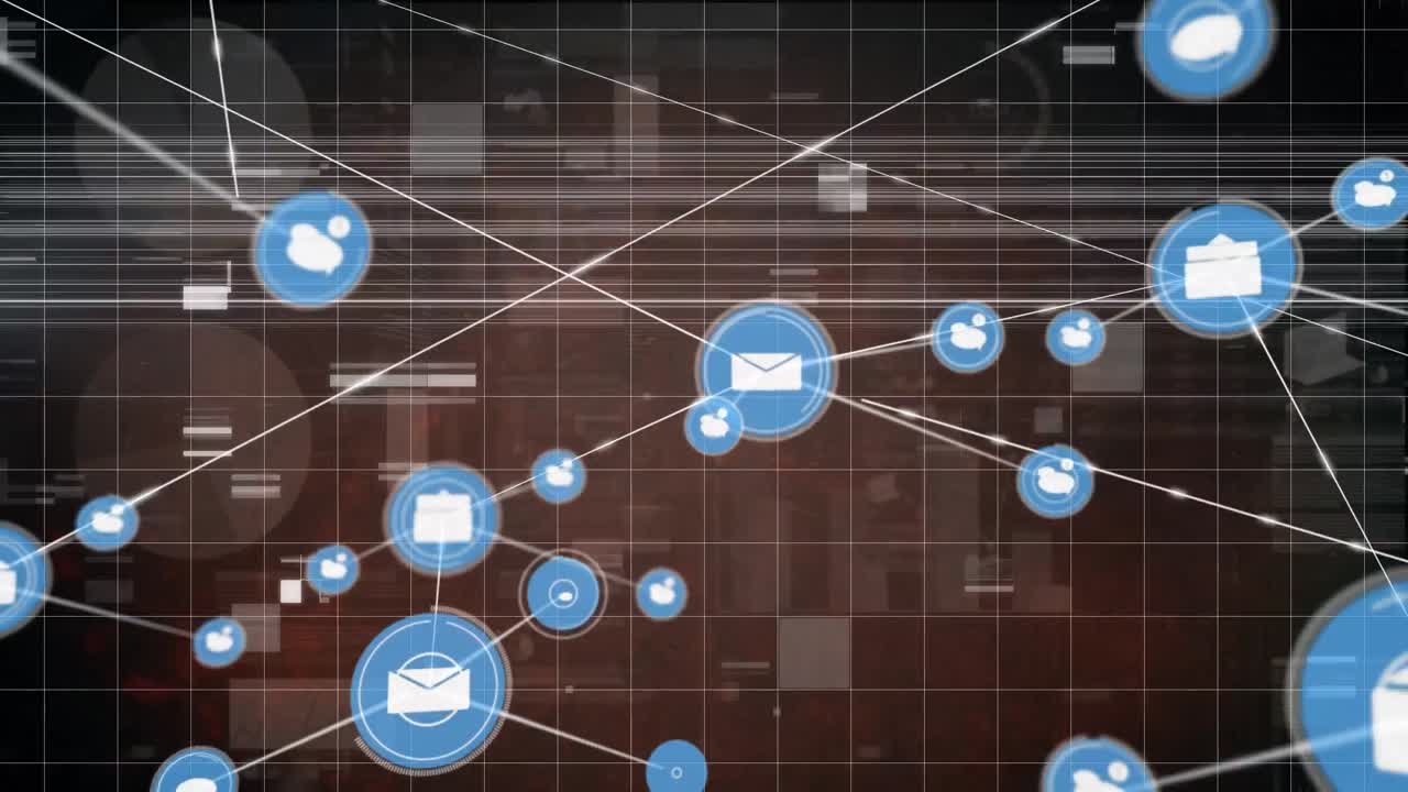 Animation of network of connections with icons over data processing