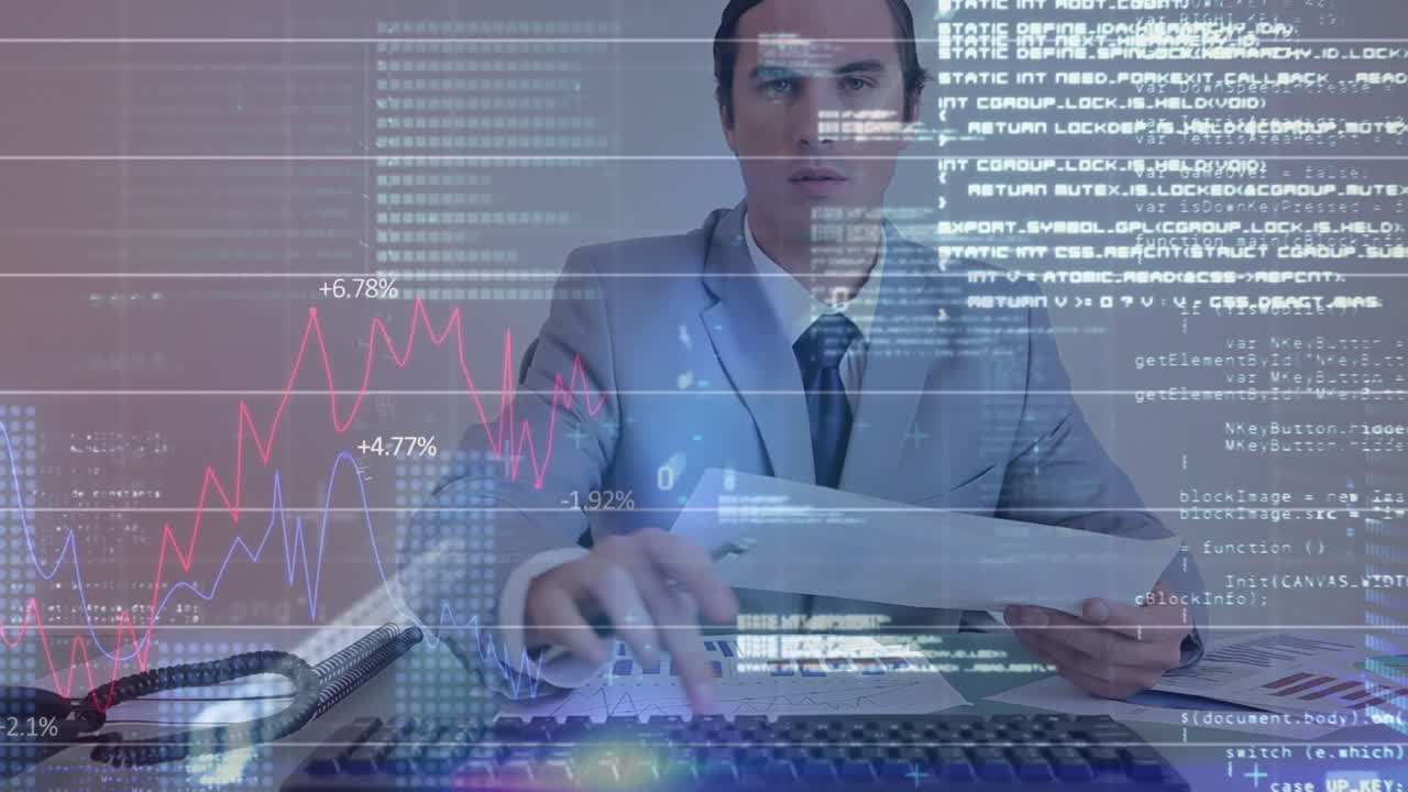 animación del procesamiento de datos estadísticos sobre un hombre de negocios caucásico leyendo documentos en la oficina.