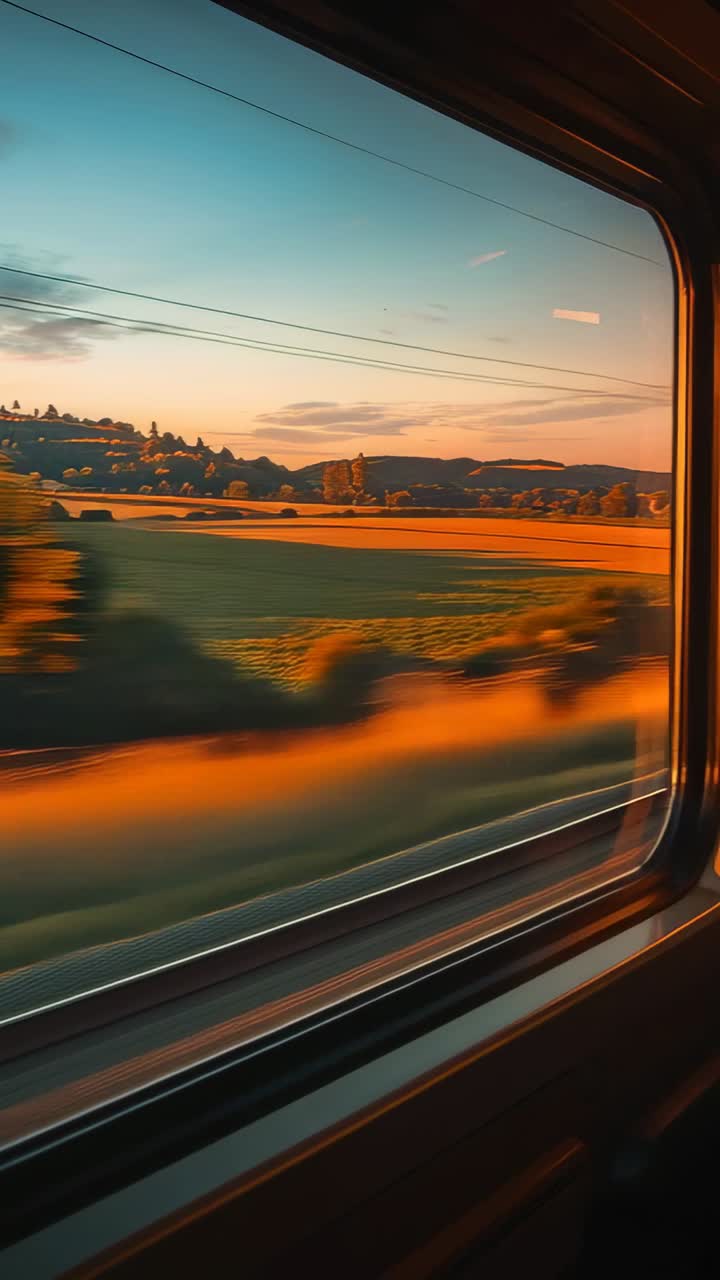 Vertical video: Train moving, window showing sunlit fields and blurred trees passing for travel