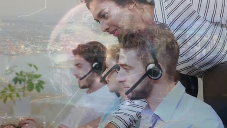 Animation-of-globe-over-business-people-using-phone-headsets