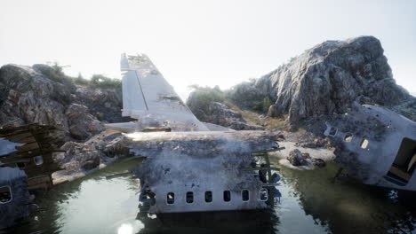 airplane wreckage on a rocky coastline