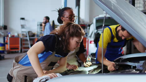 team of servicemen fixing car