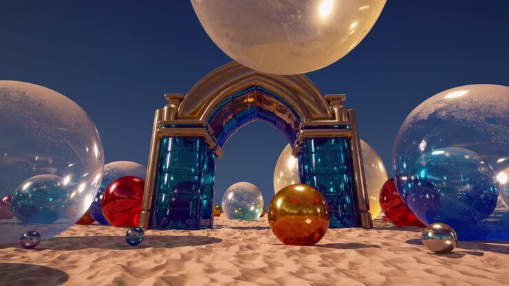 Many colorful inflatable balloons and spheres are decorating a surreal golden and blue arch on a sandy beach under a blue sky, creating a festive and dreamy atmosphere