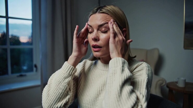 Resting hand on neck, woman in cream sweater massaging face at home dusk for calm, armchair