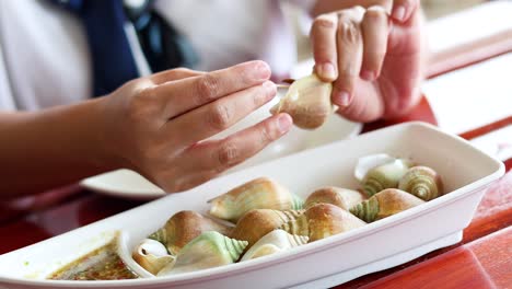 person savoring conch shells at a table