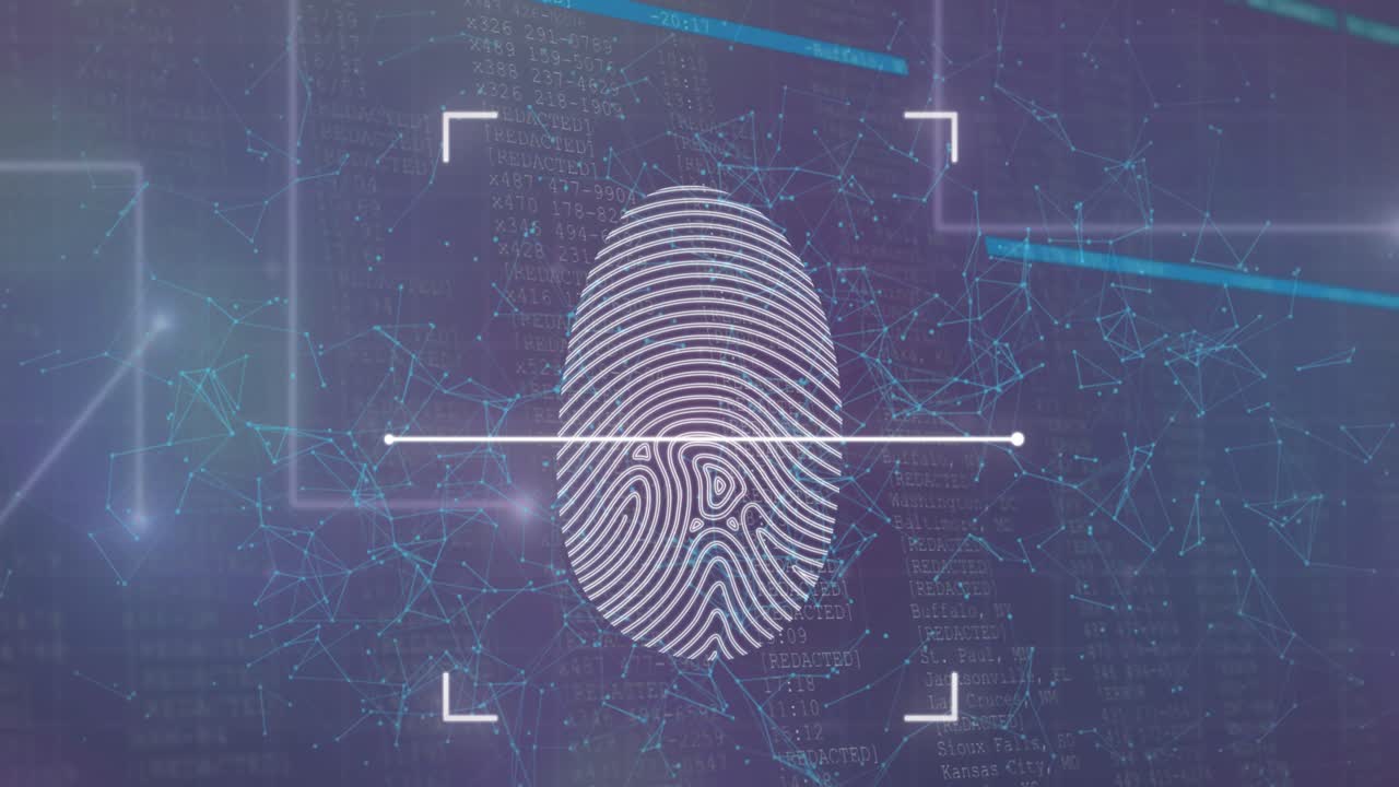 Digital animation of hexagonal shapes and round scanner against data processing on blue background