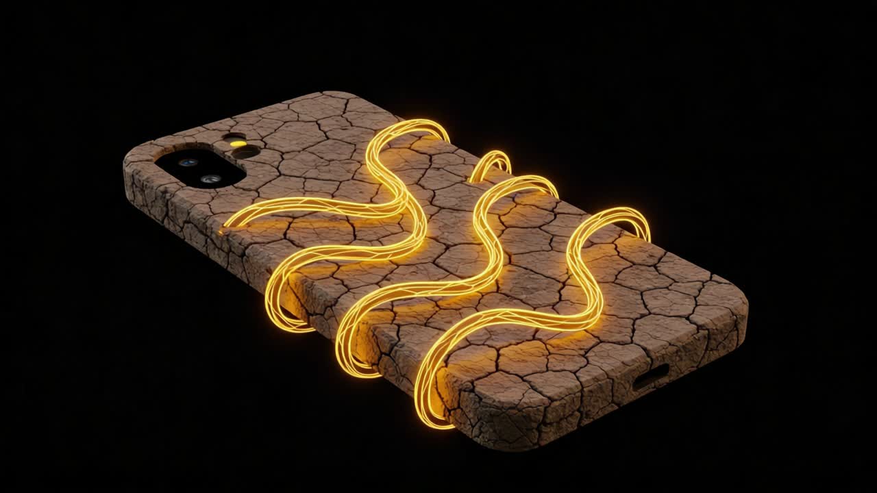 Intricate Design of a Smartphone Case Featuring a Unique Textured Surface with Illuminated Curved Patterns Against a Dark Background