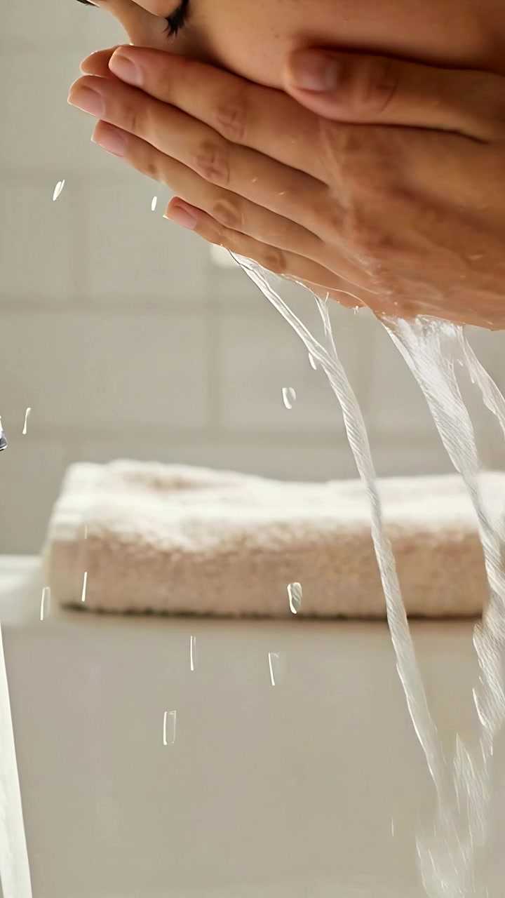 Video verticale: Donna che si lava, raccogliendo l'acqua corrente dal rubinetto nel lavandino, si rinfresca il viso e prende l'asciugamano.
