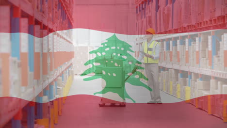 organizing shelves in warehouse, worker with lebanon flag animation in background