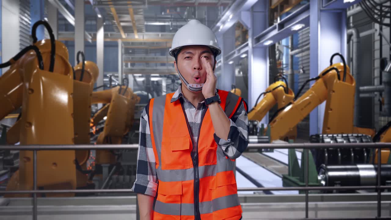 Asian Male Engineer With Safety Helmet Yelling With Hand Over Mouth While Standing With Industrial Robotic Arms Working