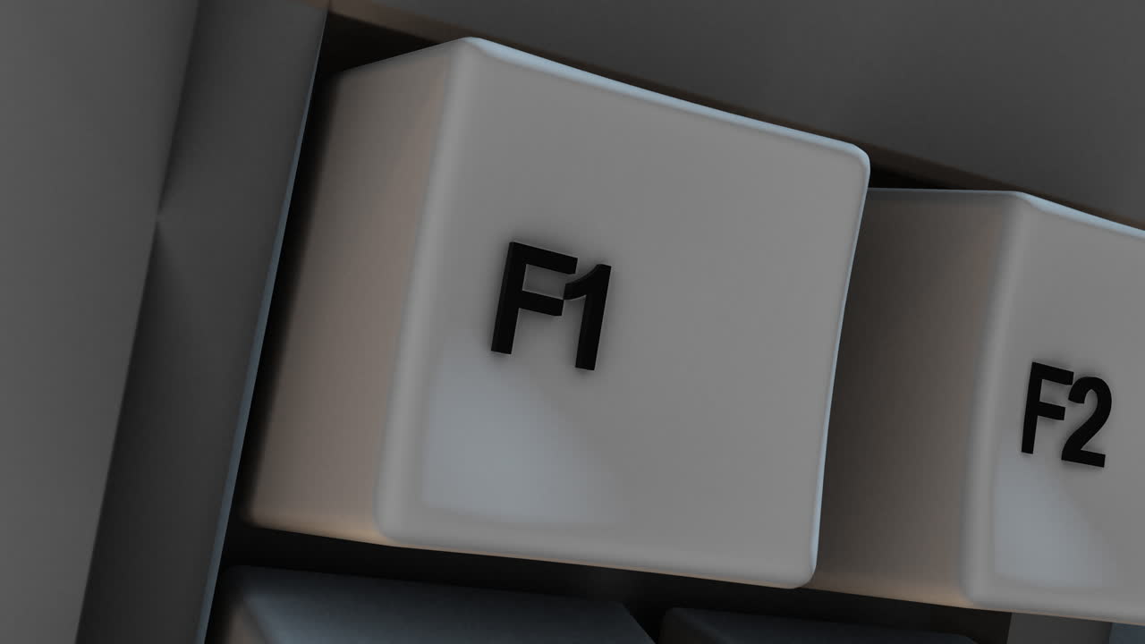 3D Render Close-up of F1 Key on Computer Keyboard. Great for business presentations, online education, and workplace productivity videos. 4K Animation