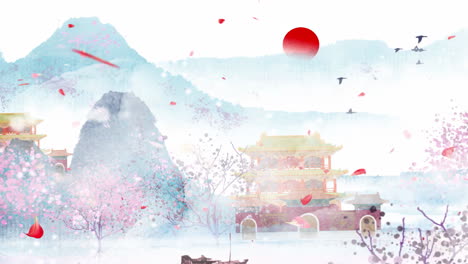 serene chinese landscape painting with cherry blossoms