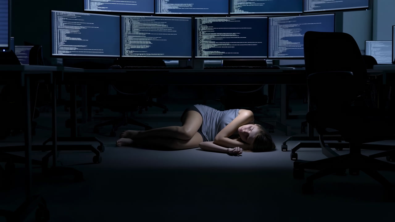 Latenight Office Coder Asleep Under Desk, Software Engineer Collapsed After Overnight Shift, Multiple Monitors