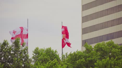 the flag of georgia flies slowly against the background of a clear blue sky, smoothly looping, close-up, perfect for movies, news, digital composition