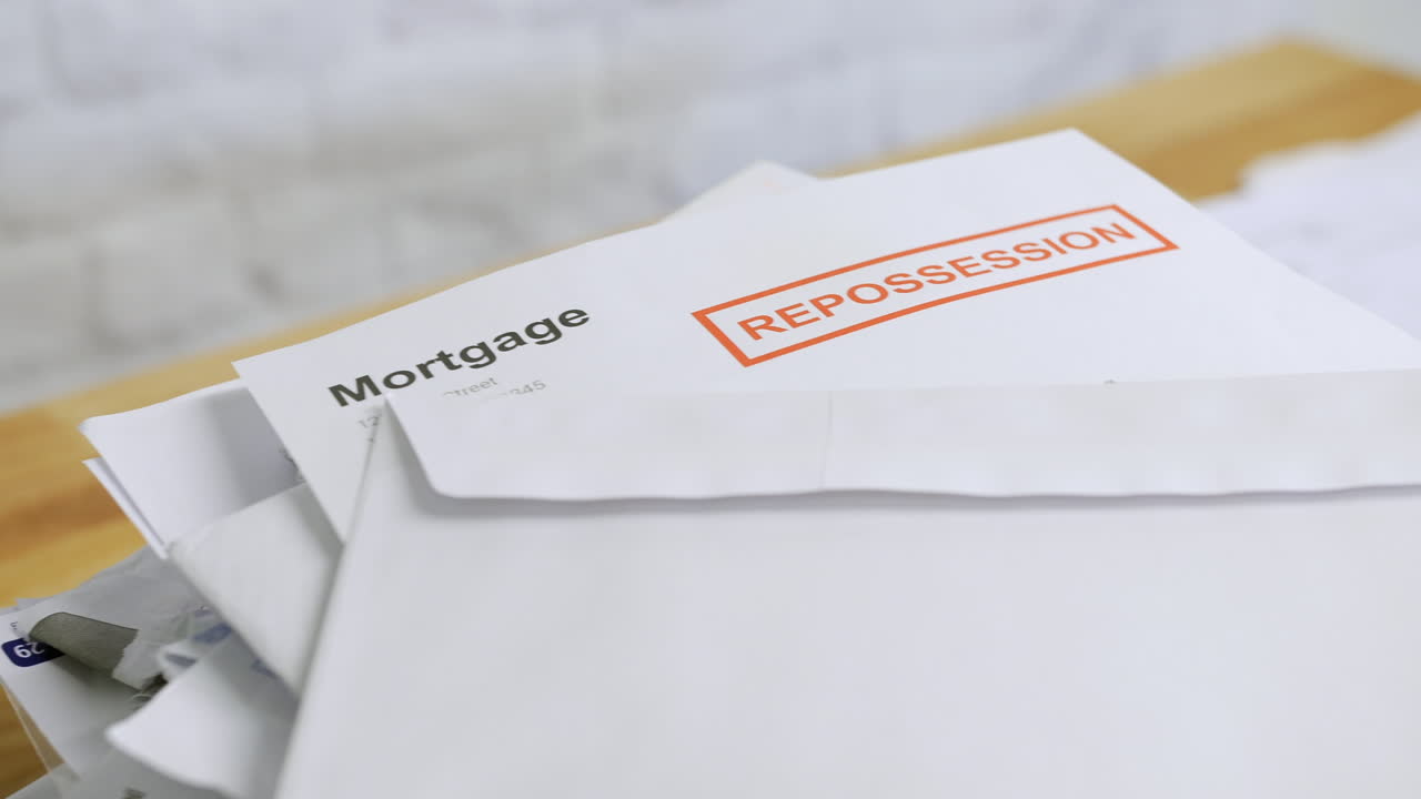 una pila de billetes y cartas con aviso de recuperación de una compañía hipotecaria