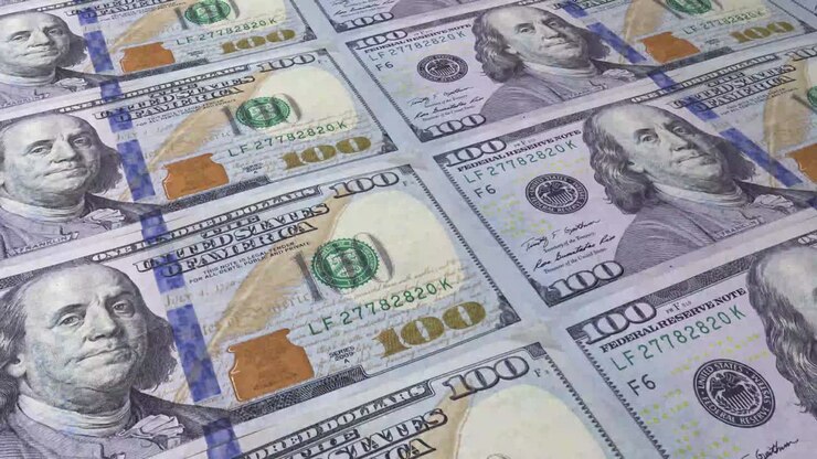 Stampa di dollari USA. Finanza, filmato di notizie, loop di rendering 3D