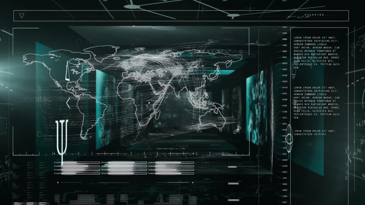 Animation of interface with world map and data processing against black background