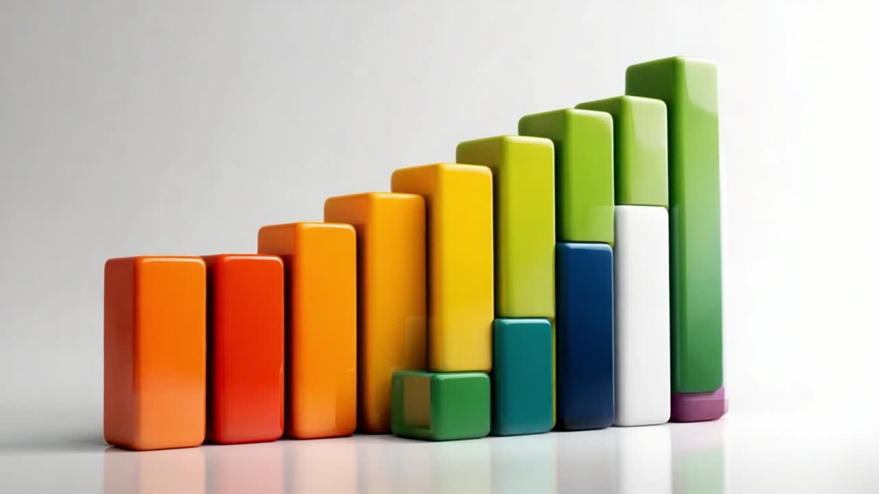 A collection of colorful rectangular blocks arranged in ascending order, representing growth and data representation through visually striking gradients in various hues and shades on a clean background