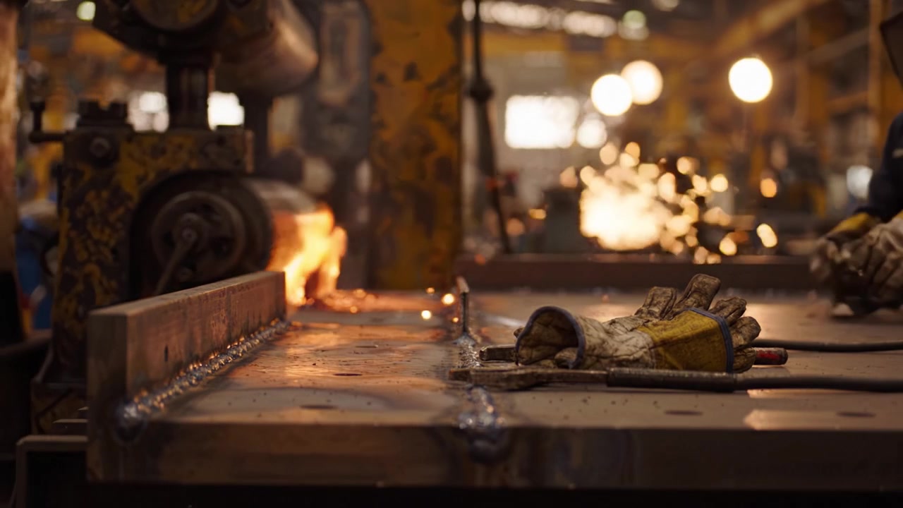 Welding Environment Showcasing Sparks, Protective Gear, and Tools on the Workshop Table in an Industrial Setting Captured in Two Distinct Frames