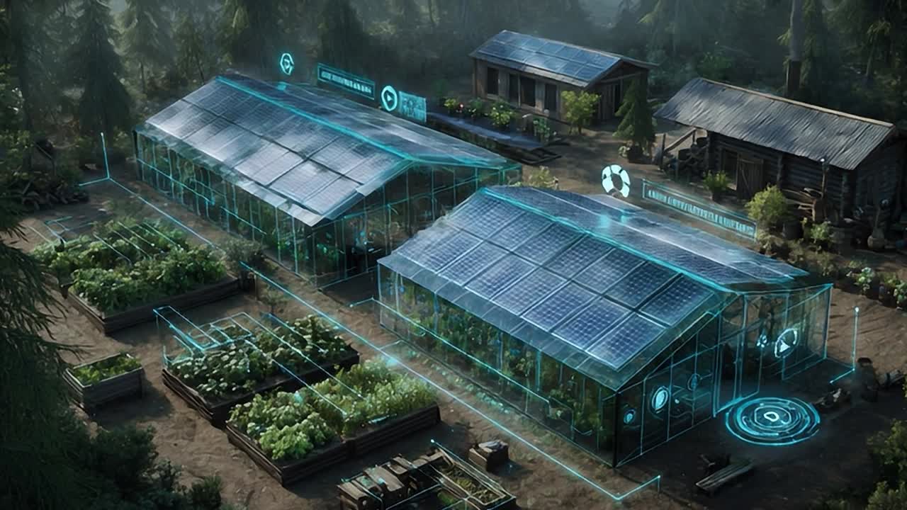 Greenhouse complex with solar panels and sustainable agriculture features