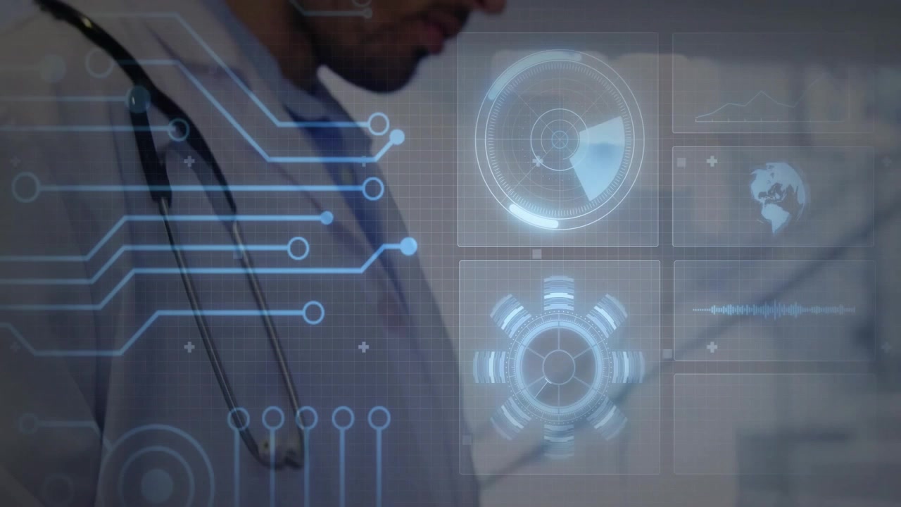 Doctor tapping tablet screen and activating holographic health interface for analyzing patient data