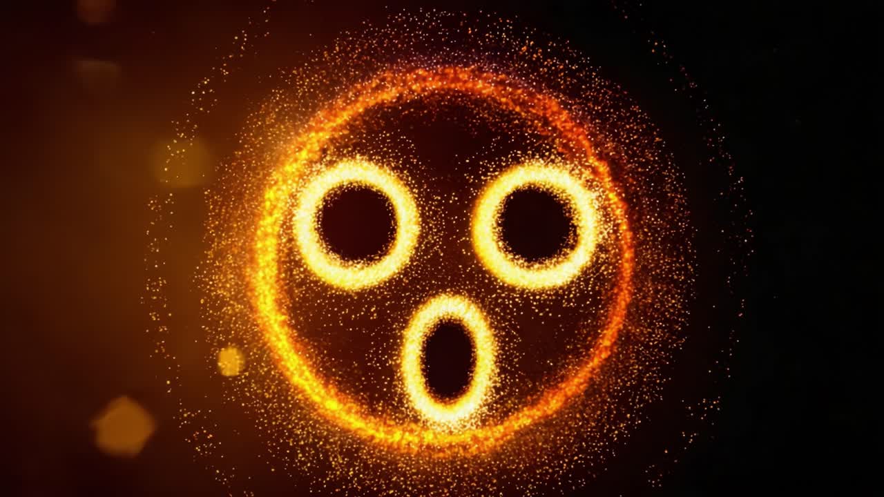 A mesmerizing display of swirling golden sparks forming a circular facial expression, capturing an essence of surprise and wonder with vibrant glowing effects against a dark background