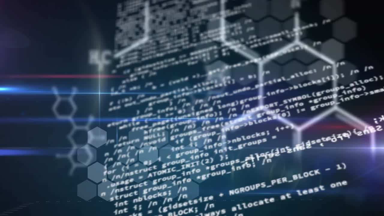 Animation of data processing and dna strand on black background