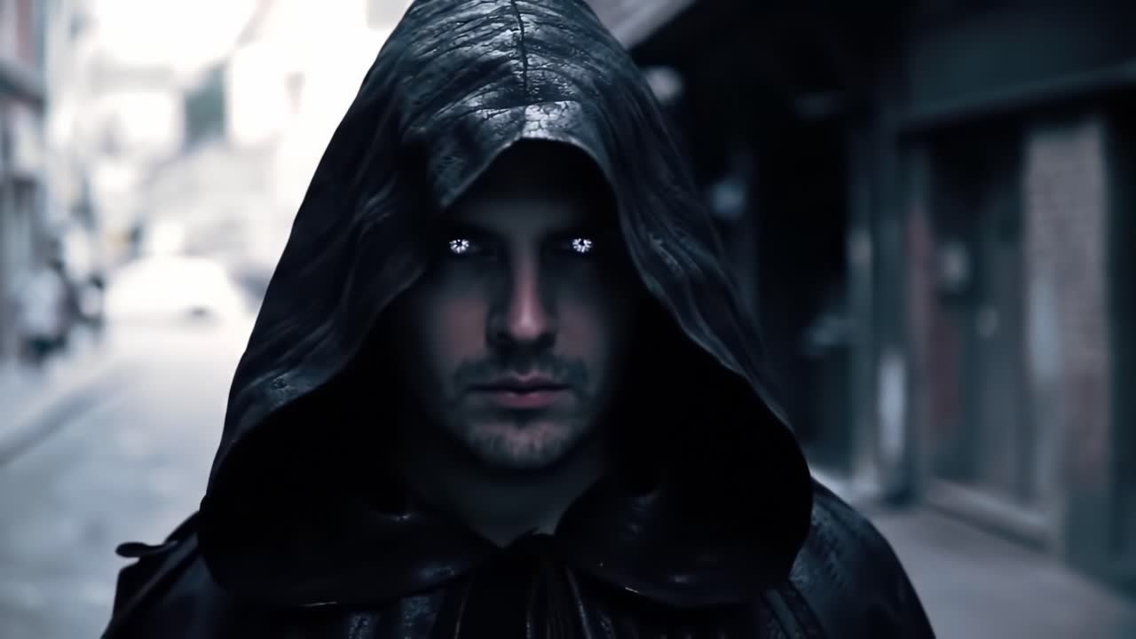 Mysterious hooded figure in a dark alley