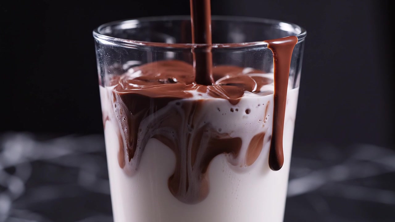 Versamento di sciroppo di cioccolato denso in un bicchiere di latte fresco