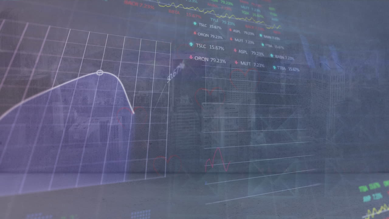 animazione dell'elaborazione dei dati statistici e del mercato azionario rispetto alla vista aerea del paesaggio urbano