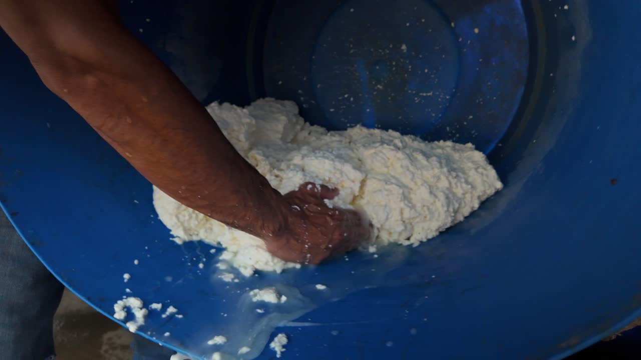 Hand pressing curds in blue tub during Venezuelan artisanal cheese making