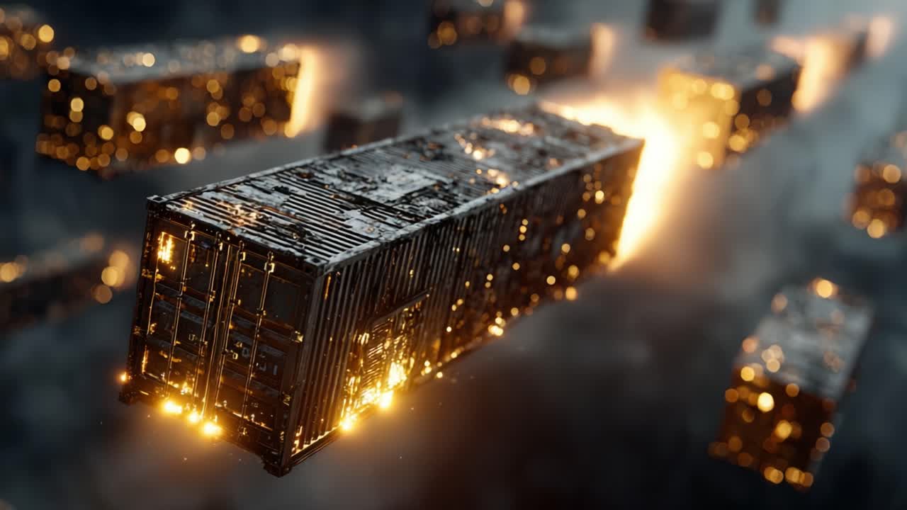 Glowing futuristic shipping containers flying through a dark, foggy environment, representing advanced logistics, global trade, and sci fi transportation technology for a new era of commerce