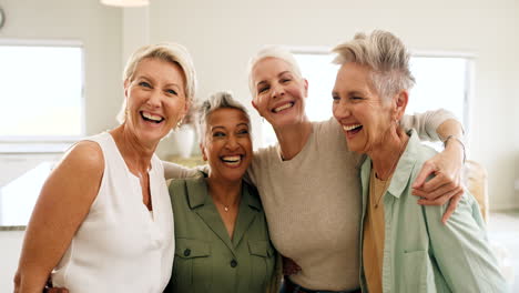 portrait, senior women and elderly friends hug to