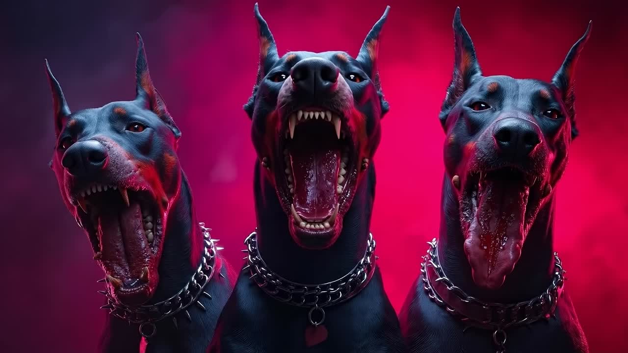 Three dobermans with their mouths open and their mouths wide open