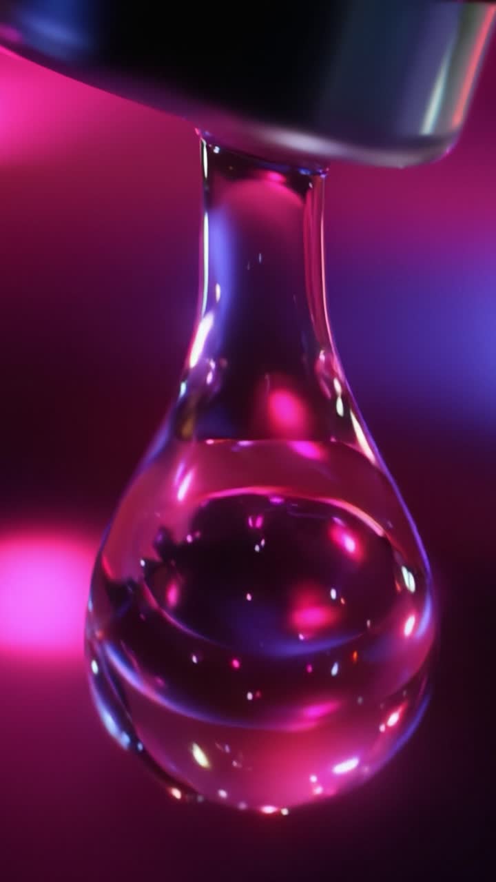 Close-up de uma gota d'água vibrante e iluminada suspensa no ar com iluminação de fundo colorida, criando um efeito visualmente impressionante e hipnotizante.