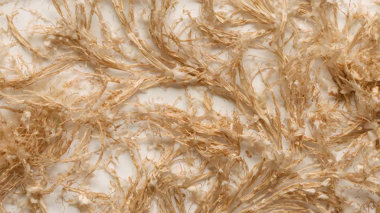 Subtly shifting light beige shredded fibers moving in studio macro, revealing fine loose fragments