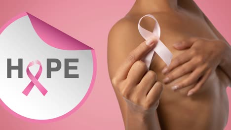 animación del logotipo de la cinta rosa con texto de esperanza sobre las mujeres que cubren el pecho