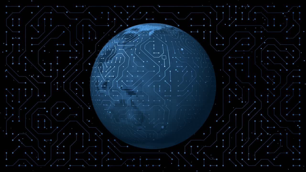 The Digital World: earth globe spinning with circuit board lines on its surface against a futuristic abstract technology background animation, global network, computer science, artificial intelligence