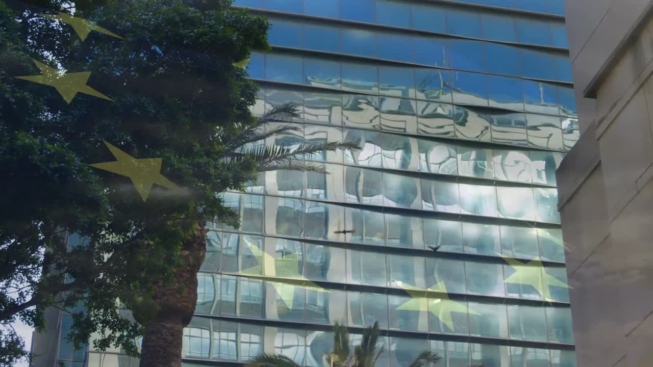 유럽 연합의  ⁇ 발이 도시 풍경 위에서 흔들리는 애니메이션