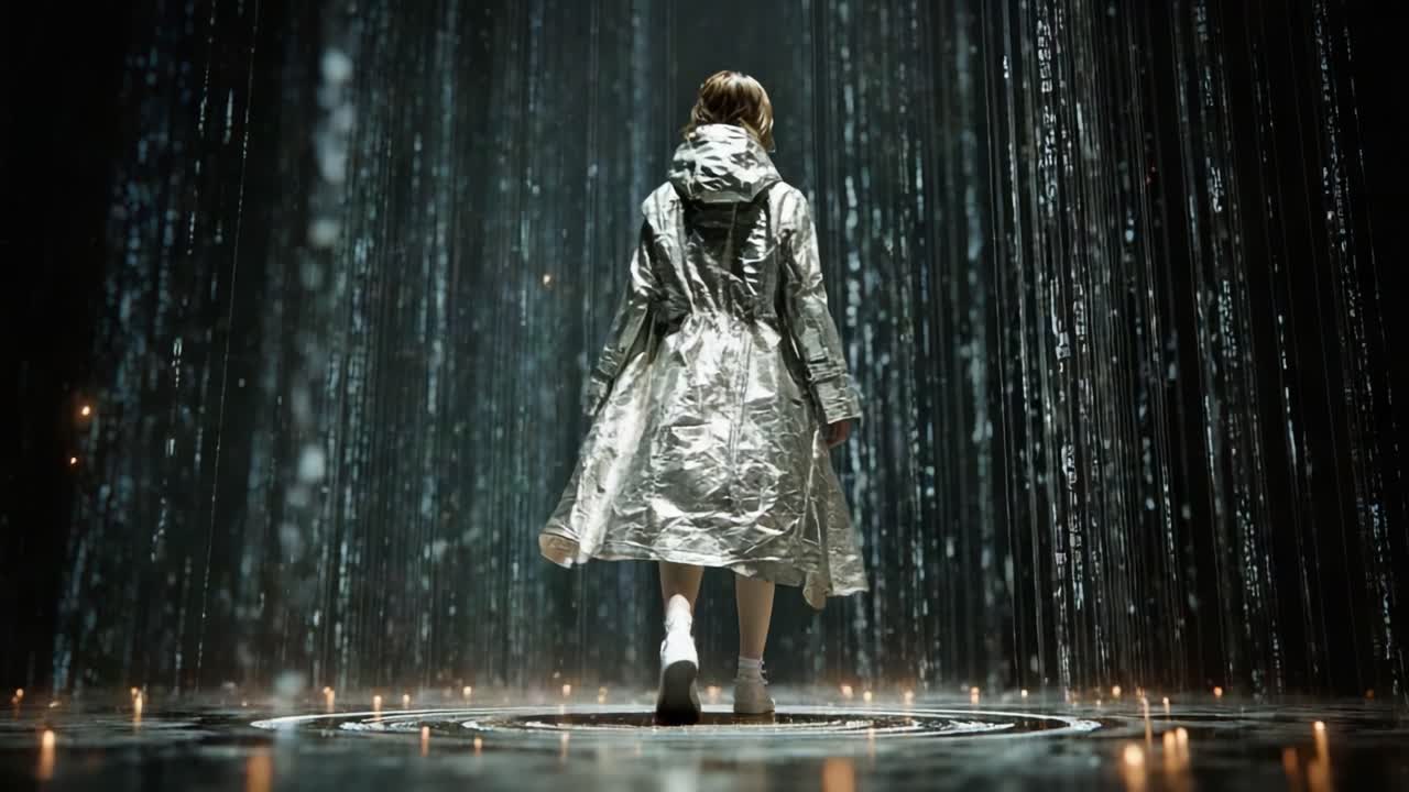 A solitary figure stands in a mesmerizing realm of shimmering lights and cascading streams, embodying a blend of tranquility and mystery against a backdrop of ethereal beauty