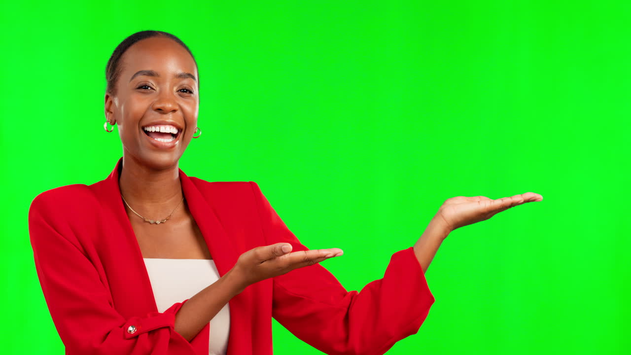 Black woman, showing and green screen for product